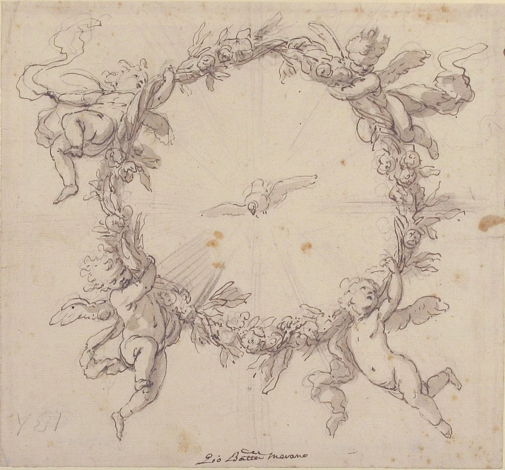 Lo Spirito Santo circondato da una corona di fiori sorretta da angeli infantili